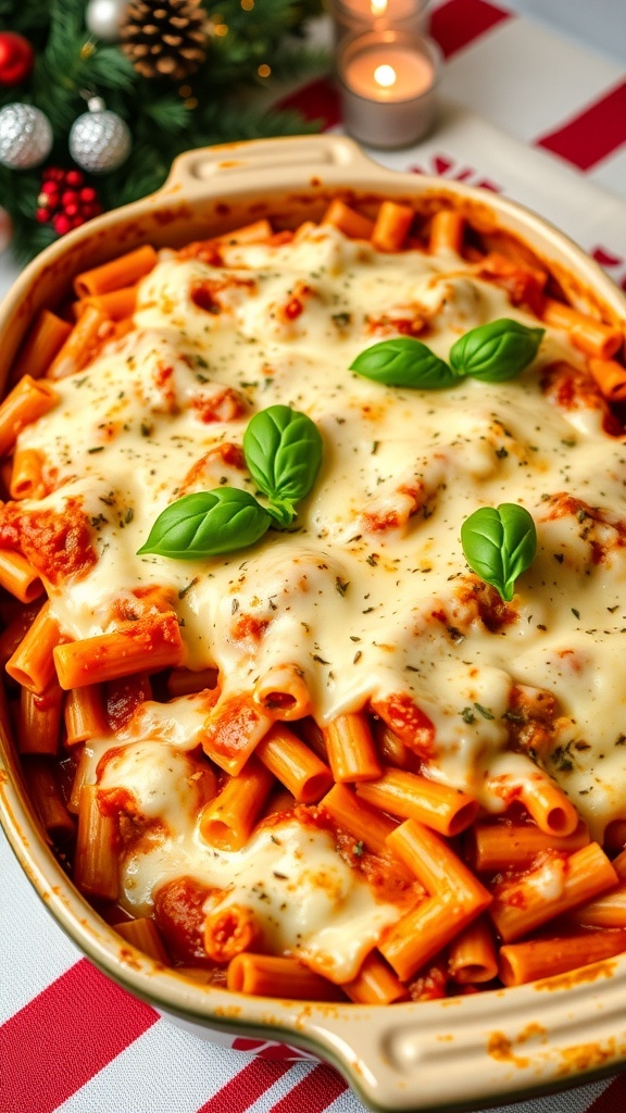A delicious baked ziti topped with melted cheese and basil, served in a baking dish on a holiday table.